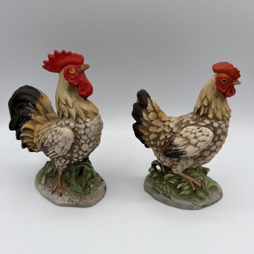 Set of Vtg Homco Rooster & Hen Chicken 6" Figurines Farmhouse Country # 1446 Set